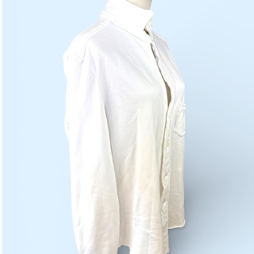 Frank &‎ Eileen Joann French Terry Button Down Shirt White Raw Edge Pocket - Picture 7 of 16